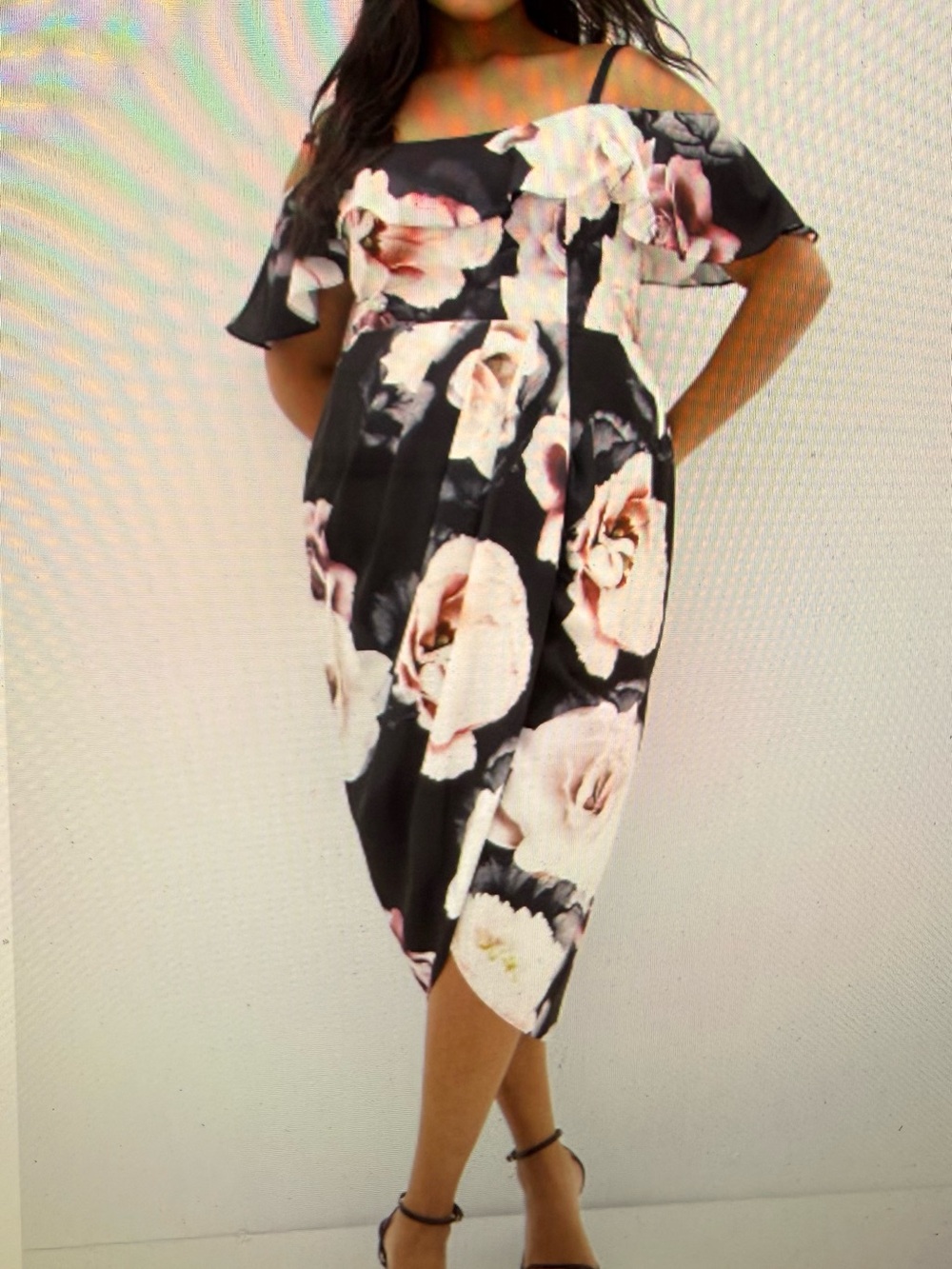 NWT City Chic Black Off-Shoulder Midi Dress with Blush Floral Print